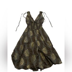 Striking Dark Gray Gold Metallic Print Bohemian Halter Maxi Dress Sz 8